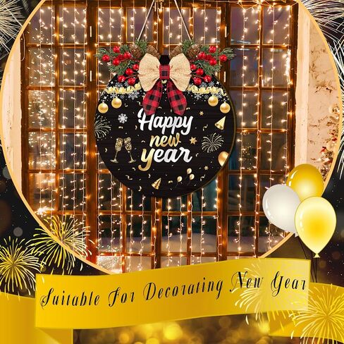 11.8 Inch Happy New Year Door Sign with Bow Rustic Round Wood Wreaths Front Door Hanging Sign for Christmas Door Wall Decoration (New Year-1) in Saudi Arabia