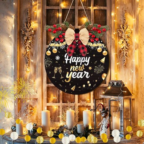 11.8 Inch Happy New Year Door Sign with Bow Rustic Round Wood Wreaths Front Door Hanging Sign for Christmas Door Wall Decoration (New Year-1) in Saudi Arabia
