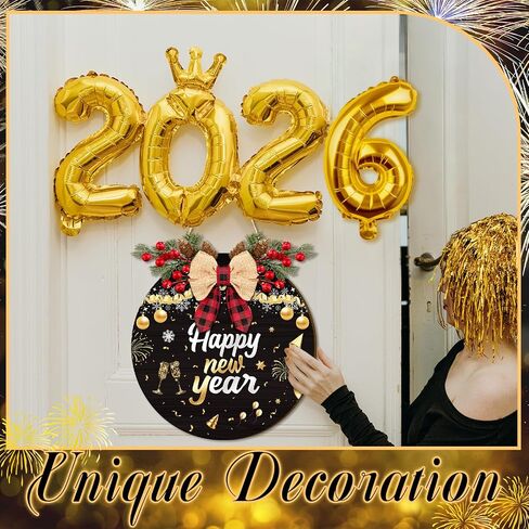 11.8 Inch Happy New Year Door Sign with Bow Rustic Round Wood Wreaths Front Door Hanging Sign for Christmas Door Wall Decoration (New Year-1) in Saudi Arabia