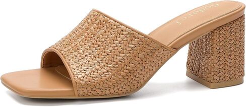 Goderci Raffia Heeled Sandals for Women | Comfort Block Heel, Woven Square Open Toe Mules, Slip On Slides, Natural Straw Summer Dressy Vacation Sandals in Saudi Arabia