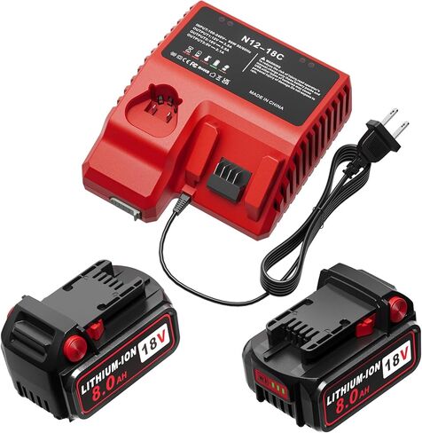 2 Pack 18V 8.0Ah Battery with Charger Replace for Milwaukee M-18 Batteries | High capacity,12V and 18V rapid charger,Compatible with Milwaukee 18V power tools in Kuwait