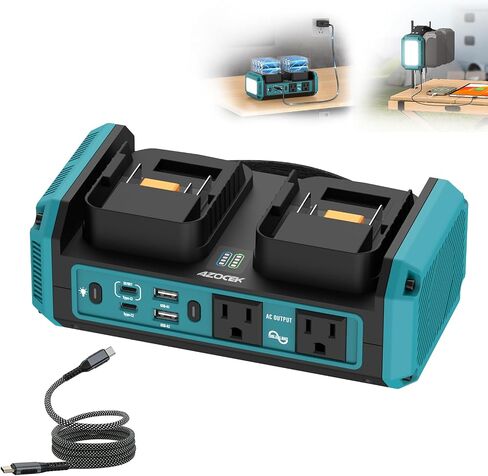 Azocek 350W Power Inverter Pure Sine Wave Compatible with Dewalt 20V Battery (No Battery), 7A Fast Charger, Portable Power Station with 2 AC Outlets, 2 Type-C (140W/65W), 2 QC USB Ports, 600LM LED in Kuwait
