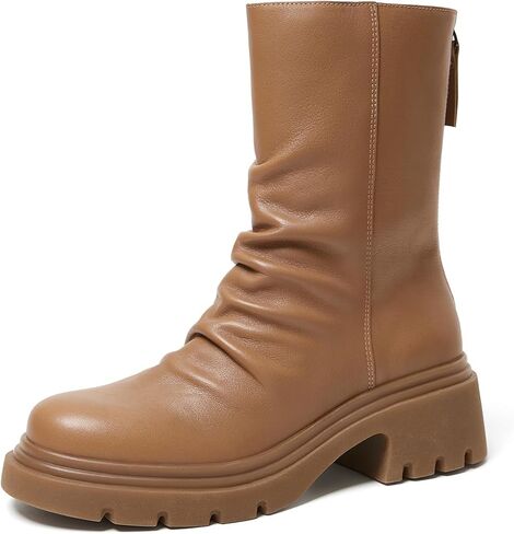 Women's Leather Mid-Calf Slouch Boot Fashion Ruched Shaft Low Heel Platform Boot with Back Zipper in Kuwait