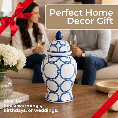 Chain Link Ginger Jar with Lid – Hand-Painted Stoneware Ceramic Decorative Vase for Home Decor – Modern Centerpiece for Living Room, Bedroom & Office – 14.25", Blue & White in Saudi Arabia