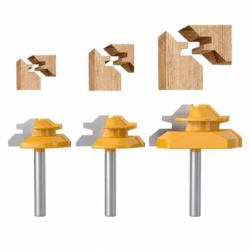 Boren 45 Degree Lock Miter Router Bit 3-Piece Set 1/4 Inch Shank | for 1/2", 5/8", 3/4" Cutting Height, Easy to Create Lock Miter Joint,Woodworking Tools for Cabinets, Drawers, Doors. in Kuwait