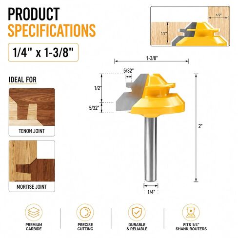 Boren 45 Degree Lock Miter Router Bit 3-Piece Set 1/4 Inch Shank | for 1/2", 5/8", 3/4" Cutting Height, Easy to Create Lock Miter Joint,Woodworking Tools for Cabinets, Drawers, Doors. in Kuwait