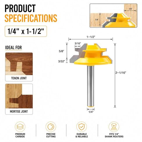 Boren 45 Degree Lock Miter Router Bit 3-Piece Set 1/4 Inch Shank | for 1/2", 5/8", 3/4" Cutting Height, Easy to Create Lock Miter Joint,Woodworking Tools for Cabinets, Drawers, Doors. in Kuwait