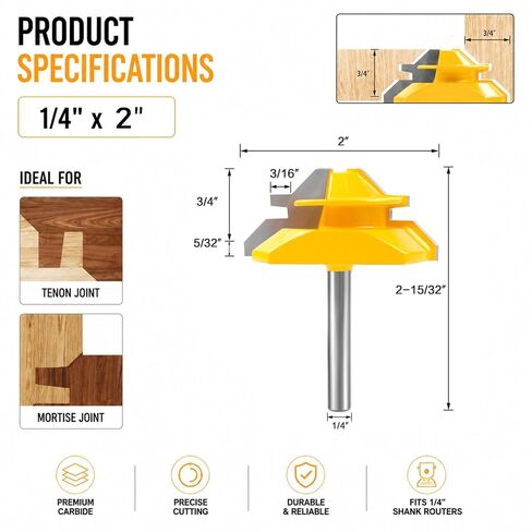 Boren 45 Degree Lock Miter Router Bit 3-Piece Set 1/4 Inch Shank | for 1/2", 5/8", 3/4" Cutting Height, Easy to Create Lock Miter Joint,Woodworking Tools for Cabinets, Drawers, Doors. in Kuwait