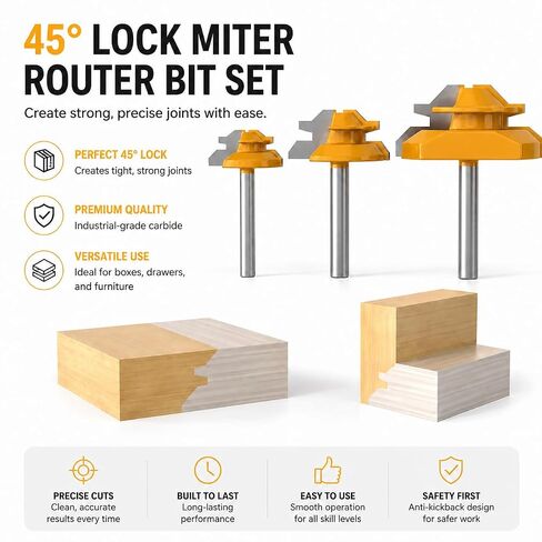 Boren 45 Degree Lock Miter Router Bit 3-Piece Set 1/4 Inch Shank | for 1/2", 5/8", 3/4" Cutting Height, Easy to Create Lock Miter Joint,Woodworking Tools for Cabinets, Drawers, Doors. in Kuwait