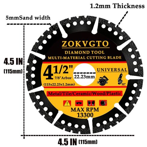 5 Pack Diamond Multi Purpose Saw Blade 4 1/2 inch Indestructible Diamond Cutting Wheel with 7/8 Arbor Angle Grinder Cutting Disc for Metal,Tile,Ceramic,Wood,Plastic (5) in Kuwait