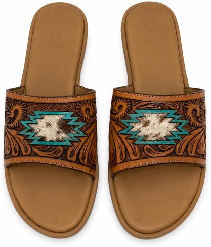 Western Hand Tooled Slide Sandals for Women, Tan Flat Slip On Sandals with Turquoise Accent, Cowhide Patch, Tooled Floral Strap, Cushioned Footbed, Boho Open Toe Summer Slides in Kuwait