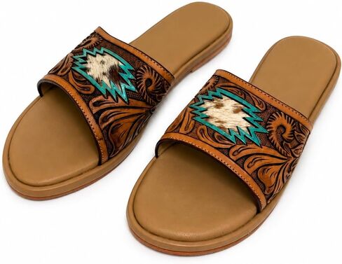 Western Hand Tooled Slide Sandals for Women, Tan Flat Slip On Sandals with Turquoise Accent, Cowhide Patch, Tooled Floral Strap, Cushioned Footbed, Boho Open Toe Summer Slides in Kuwait
