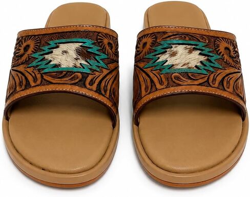 Western Hand Tooled Slide Sandals for Women, Tan Flat Slip On Sandals with Turquoise Accent, Cowhide Patch, Tooled Floral Strap, Cushioned Footbed, Boho Open Toe Summer Slides in Kuwait