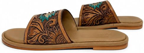 Western Hand Tooled Slide Sandals for Women, Tan Flat Slip On Sandals with Turquoise Accent, Cowhide Patch, Tooled Floral Strap, Cushioned Footbed, Boho Open Toe Summer Slides in Kuwait