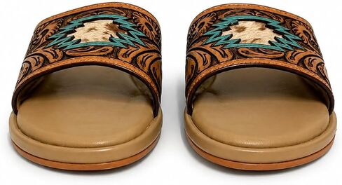 Western Hand Tooled Slide Sandals for Women, Tan Flat Slip On Sandals with Turquoise Accent, Cowhide Patch, Tooled Floral Strap, Cushioned Footbed, Boho Open Toe Summer Slides in Kuwait
