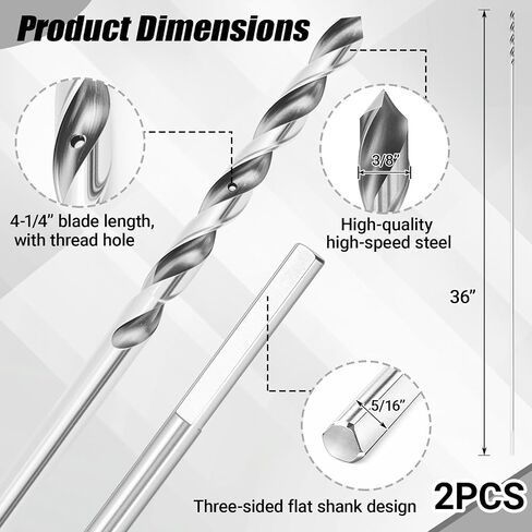 Lounsweer 2 Pack 3/8 x 36 Inch Straight Shank Installer Drill Bit for Wood Extra Long Drill Bits for Wood with Wire Pulling Hole for Woodworking Walls Ceilings Floors in Kuwait