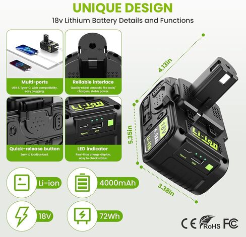 Abeden 18V 4.0Ah Replacement Battery with USB and Charger Combo for Ryobi Battery Charger,Compatible with Ryobi 18 Volt ONE+ System P102 P103 P104 P105 P107 P108 P109 P190 P122 Cordless Tools in Kuwait