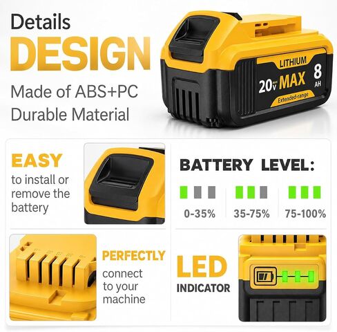 6-Pack 8000mAh Lithium-ion Battery for Dewalt 20V Max Battery – Compatible with DCB200 DCB201 DCB204 DCB206 DCB207 DCB181 DCB180 Series Tools, LED Charge Indicator, Fits Dewalt Power Tools & Chargers in Kuwait