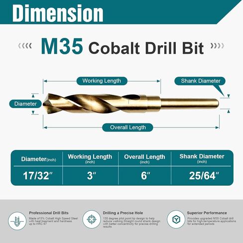 7/8 Inch Cobalt Drill Bit, M35 HSS Twist Drill Bit, 135° Split Point | Reduced Shank, for thick steel plate large hole drilling stainless steel and cast iron applications in Kuwait