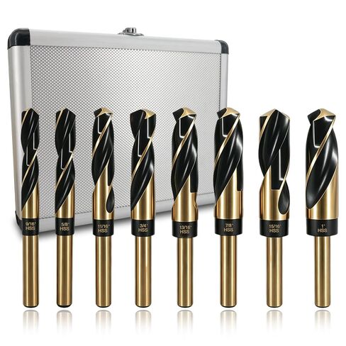 8Pcs M2 HSS Reduced Shank Drill Bit Set 1/2" 135°Split Point 9/16"-1" | Large Drill Bit Set for Metal Silver & Deming Drill Bit Set with Aluminum Case, Heavy Duty Industrial Metal Drill Bits in Kuwait