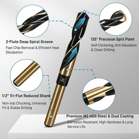 8Pcs M2 HSS Reduced Shank Drill Bit Set 1/2" 135°Split Point 9/16"-1" | Large Drill Bit Set for Metal Silver & Deming Drill Bit Set with Aluminum Case, Heavy Duty Industrial Metal Drill Bits in Kuwait