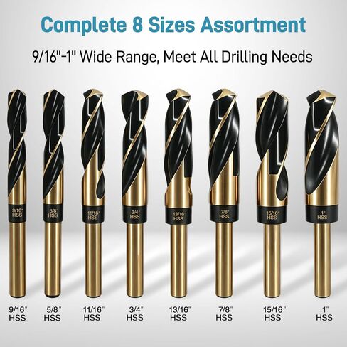 8Pcs M2 HSS Reduced Shank Drill Bit Set 1/2" 135°Split Point 9/16"-1" | Large Drill Bit Set for Metal Silver & Deming Drill Bit Set with Aluminum Case, Heavy Duty Industrial Metal Drill Bits in Kuwait
