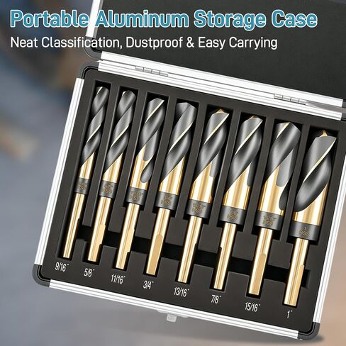 8Pcs M2 HSS Reduced Shank Drill Bit Set 1/2" 135°Split Point 9/16"-1" | Large Drill Bit Set for Metal Silver & Deming Drill Bit Set with Aluminum Case, Heavy Duty Industrial Metal Drill Bits in Kuwait