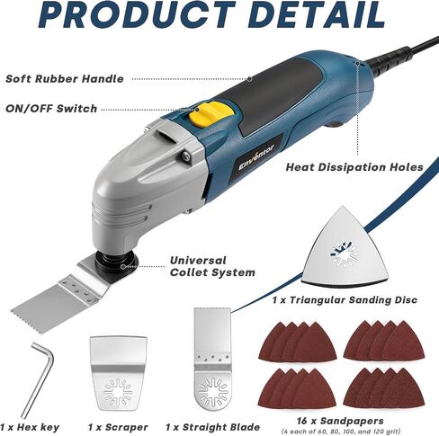 Enventor Multi Tool Saw, 1.6A/200W Electric Oscillating Tool Kit Corded, 22000 OPM, 3° Oscillating Angle Oscillating Saw for Cutting, Scraping, Sanding, Universal Interface in Kuwait