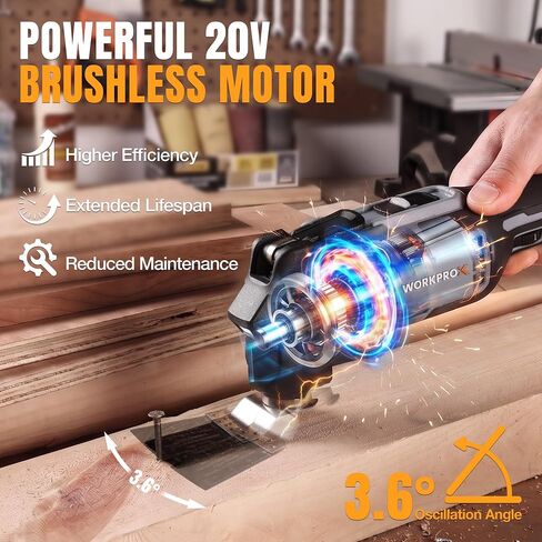WORKPROX 20V Cordless Oscillating Multi-Tool Kit, Brushless Motor, 6-Speed, 3.6° Oscillation Angle, 22PCS Accessories & 1 Battery, Oscillating Tool for Cutting, Scraping, Sanding with Tool Bag in Kuwait