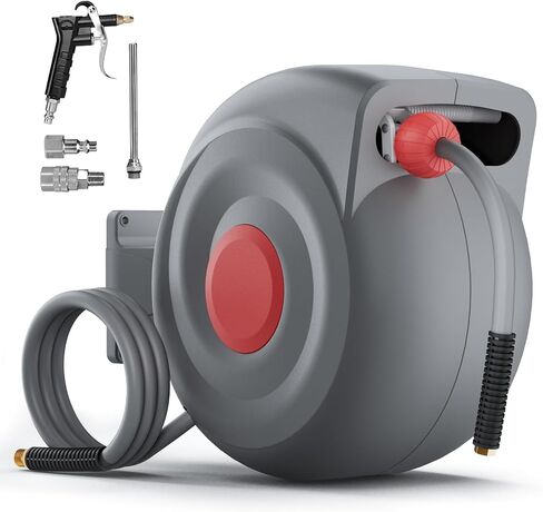 50 Ft Retractable Air Hose Reel, 3/8 In Auto Rewind with Air Blow Gun, 180° Wall-Mountable, Kink-Free, for Garage & Workshop Use in Kuwait