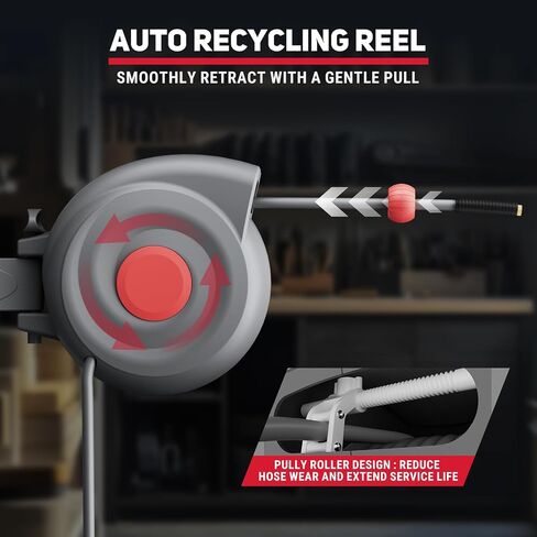 50 Ft Retractable Air Hose Reel, 3/8 In Auto Rewind with Air Blow Gun, 180° Wall-Mountable, Kink-Free, for Garage & Workshop Use in Kuwait