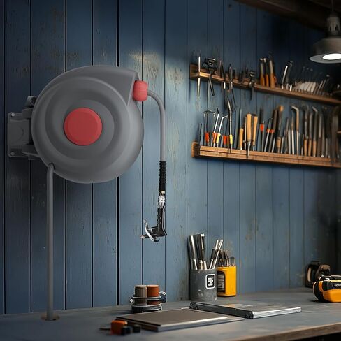 50 Ft Retractable Air Hose Reel, 3/8 In Auto Rewind with Air Blow Gun, 180° Wall-Mountable, Kink-Free, for Garage & Workshop Use in Kuwait