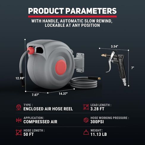 50 Ft Retractable Air Hose Reel, 3/8 In Auto Rewind with Air Blow Gun, 180° Wall-Mountable, Kink-Free, for Garage & Workshop Use in Kuwait