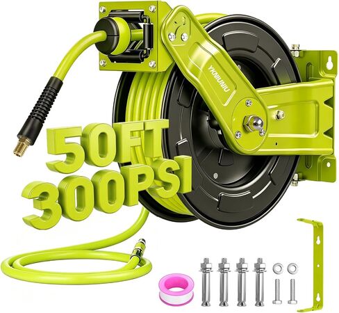 Retractable Air Hose Reel, 3/8" x 50ft Hybrid Air Hose Max 300PSI, Heavy Duty Steel Auto Rewind, Wall & Ceiling Mount, for Garage,Workshop,Garden in Kuwait