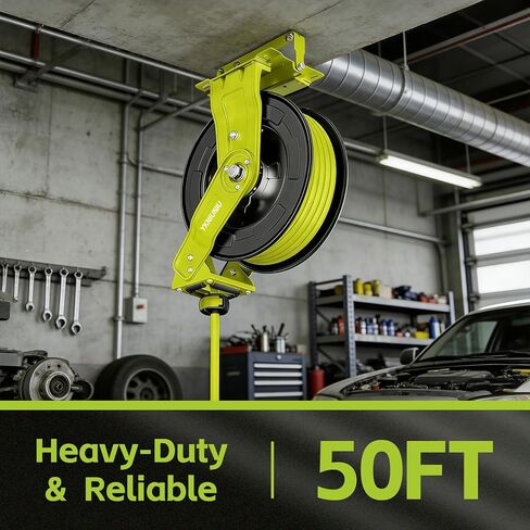 Retractable Air Hose Reel, 3/8" x 50ft Hybrid Air Hose Max 300PSI, Heavy Duty Steel Auto Rewind, Wall & Ceiling Mount, for Garage,Workshop,Garden in Kuwait