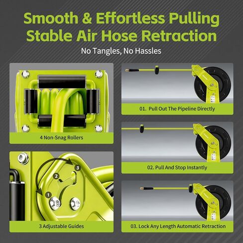 Retractable Air Hose Reel, 3/8" x 50ft Hybrid Air Hose Max 300PSI, Heavy Duty Steel Auto Rewind, Wall & Ceiling Mount, for Garage,Workshop,Garden in Kuwait