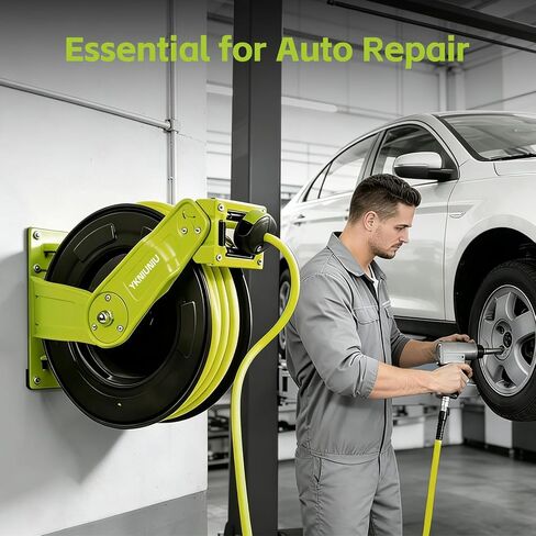 Retractable Air Hose Reel, 3/8" x 50ft Hybrid Air Hose Max 300PSI, Heavy Duty Steel Auto Rewind, Wall & Ceiling Mount, for Garage,Workshop,Garden in Kuwait