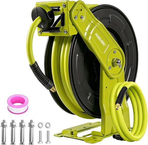 Retractable Air Hose Reel, 3/8" x 50ft Hybrid Air Hose Max 300PSI, Heavy Duty Steel Auto Rewind, Wall & Ceiling Mount, for Garage,Workshop,Garden in Kuwait