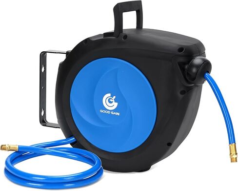Air Hose Reel Retractable: 50ft x 3/8in Hybrid Polymer Hose Reel|Air Compressor Hose With 5in Lead in Brass Fittings | Wall Mount Reel 180°Swivel for Garage Workshop Ceiling & Wall | Max 300 PSI,Blue in Kuwait
