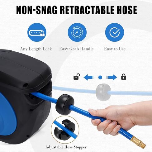 Air Hose Reel Retractable: 50ft x 3/8in Hybrid Polymer Hose Reel|Air Compressor Hose With 5in Lead in Brass Fittings | Wall Mount Reel 180°Swivel for Garage Workshop Ceiling & Wall | Max 300 PSI,Blue in Kuwait