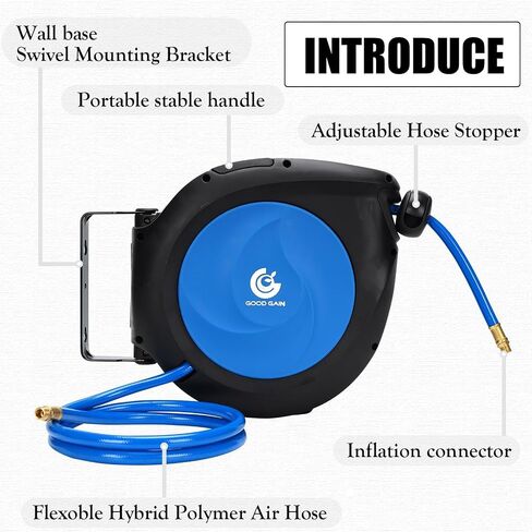 Air Hose Reel Retractable: 50ft x 3/8in Hybrid Polymer Hose Reel|Air Compressor Hose With 5in Lead in Brass Fittings | Wall Mount Reel 180°Swivel for Garage Workshop Ceiling & Wall | Max 300 PSI,Blue in Kuwait