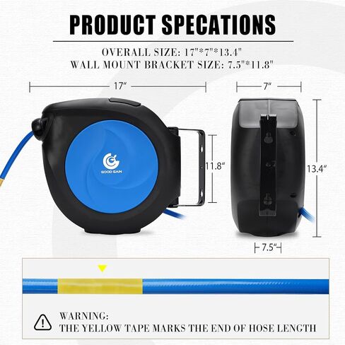 Air Hose Reel Retractable: 50ft x 3/8in Hybrid Polymer Hose Reel|Air Compressor Hose With 5in Lead in Brass Fittings | Wall Mount Reel 180°Swivel for Garage Workshop Ceiling & Wall | Max 300 PSI,Blue in Kuwait