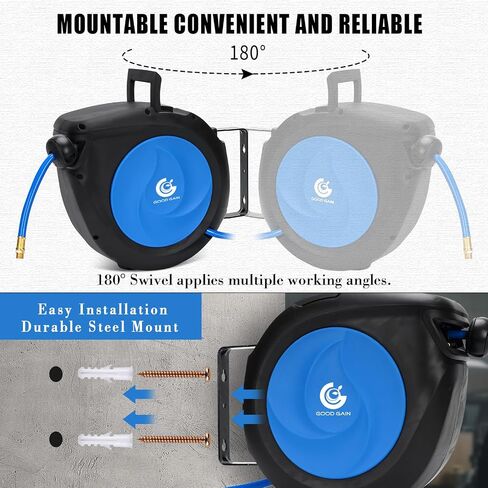 Air Hose Reel Retractable: 50ft x 3/8in Hybrid Polymer Hose Reel|Air Compressor Hose With 5in Lead in Brass Fittings | Wall Mount Reel 180°Swivel for Garage Workshop Ceiling & Wall | Max 300 PSI,Blue in Kuwait