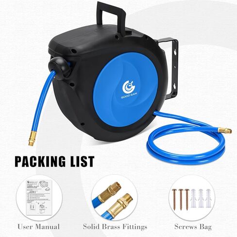 Air Hose Reel Retractable: 50ft x 3/8in Hybrid Polymer Hose Reel|Air Compressor Hose With 5in Lead in Brass Fittings | Wall Mount Reel 180°Swivel for Garage Workshop Ceiling & Wall | Max 300 PSI,Blue in Kuwait