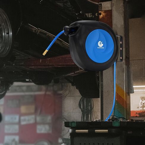 Air Hose Reel Retractable: 50ft x 3/8in Hybrid Polymer Hose Reel|Air Compressor Hose With 5in Lead in Brass Fittings | Wall Mount Reel 180°Swivel for Garage Workshop Ceiling & Wall | Max 300 PSI,Blue in Kuwait