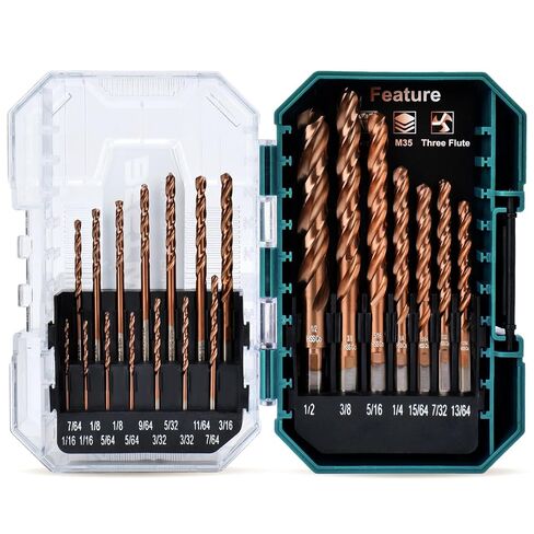 21-Piece 3-Flute Cobalt Drill Bit Set, M35 Metal Drill Bits, 1/16"-1/2" | for Metal, Steel, Hardened Steel, Stainless Steel, Cobalt Coating, 3-Flats Shank, 135° Split Point Tip, with Storage Case in Kuwait