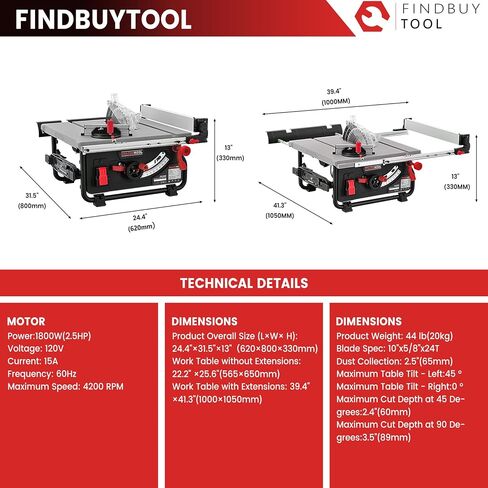FINDBUYTOOL 10-Inch Portable Jobsite Table Saw, 15-Amp 2.5HP Motor, 24-Inch Rip Capacity, Rack & Pinion Fence System, Portable Benchtop Table Saw for Woodworking, Cutting Wood, Plywood, OSB in Kuwait