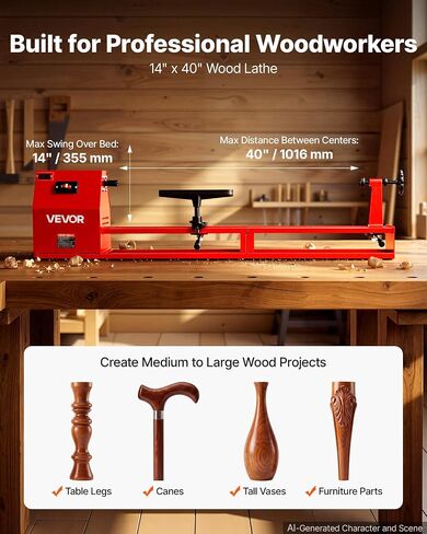 VEVOR Wood Lathe 1/2 HP 14" x 40" Benchtop Wood Lathe Machine 4 Speeds, 930/1500/2050/2500 RPM, with Tool Rest, Wrenches, Faceplate, Heavy Duty, for Beginner Professional Woodworking, Woodturning in Kuwait