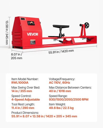VEVOR Wood Lathe 1/2 HP 14" x 40" Benchtop Wood Lathe Machine 4 Speeds, 930/1500/2050/2500 RPM, with Tool Rest, Wrenches, Faceplate, Heavy Duty, for Beginner Professional Woodworking, Woodturning in Kuwait