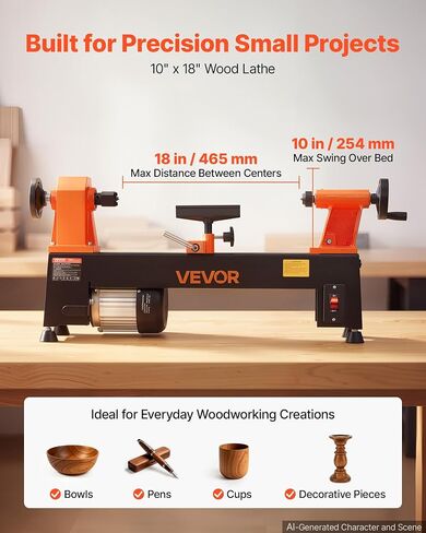 VEVOR Wood Lathe 1/2 HP 10" x 18" Benchtop Wood Lathe Machine 5 Speeds, 780/1320/1920/2640/3840 RPM, with Tool Rest, Wrenches, Feet, Heavy Duty, for Beginners DIY Enthusiasts Woodworking, Woodturning in Kuwait